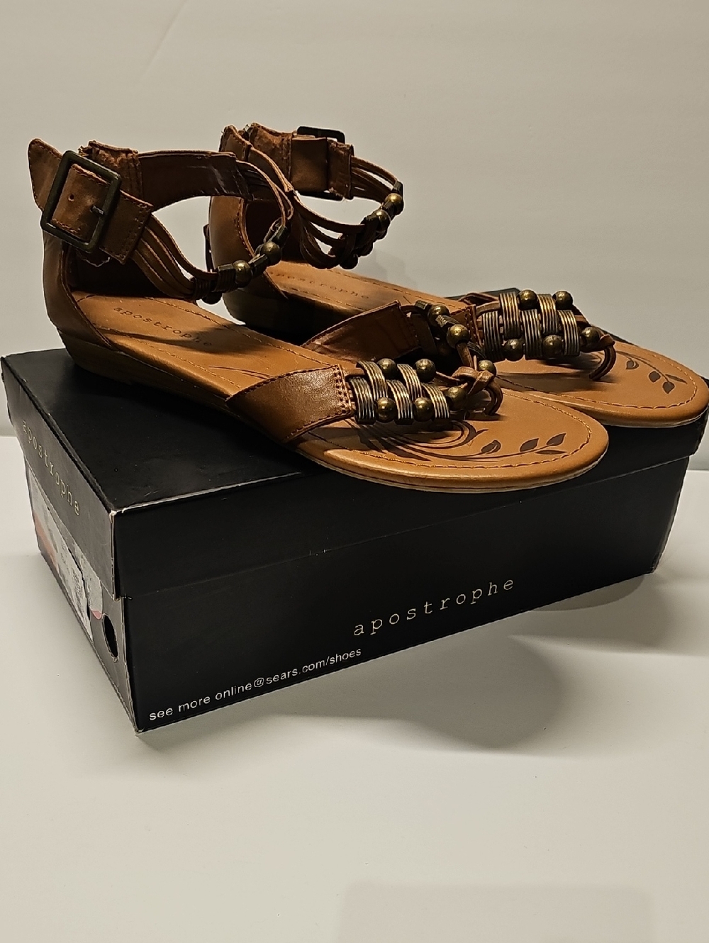 Apostrophe Tan Braided Bead Ankle-Strap Sandals Reese Brown 8.5